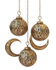 Ornate, gilded spheres and crescent moons hanging