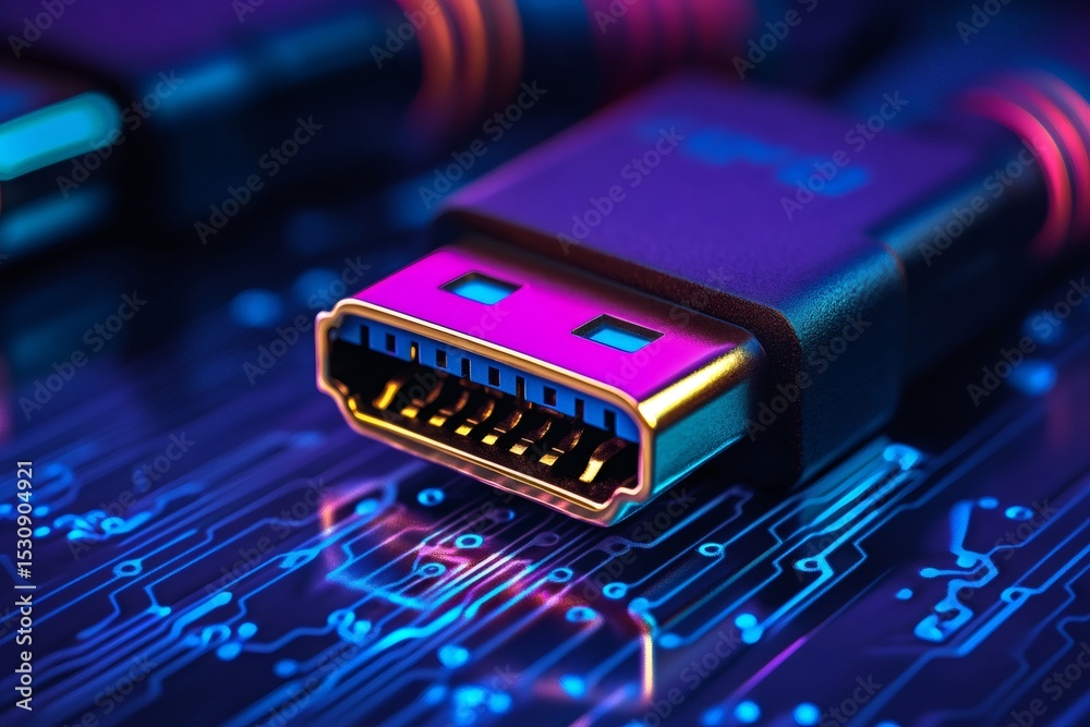 Poster modern connector cable resting on illuminated circuit board