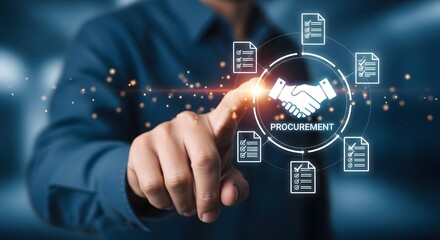 Digital Procurement Process Handshake Technology Businessman selecting a procurement process on a digital interface.