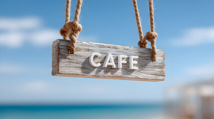 Wooden cafe sign hanging with ropes against a blurred beach background, evoking a relaxed coastal atmosphere and inviting ambiance for visitors. Selective focus