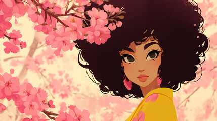 A young woman with curly hair stands among blooming cherry blossoms, radiating beauty and serenity