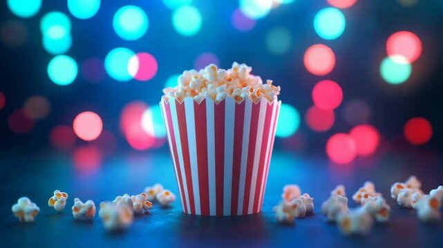 Striped popcorn bucket on table with colorful bokeh lights in cinema ambiance