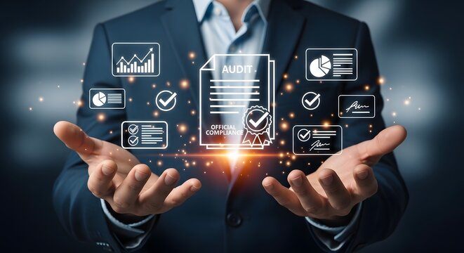 A businessman showcases digital audit compliance documents charts and graphs illustrating business process efficiency and successful financial review.