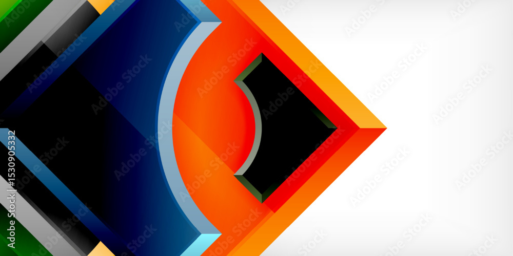 Poster Abstract geometric shapes overlap, creating dynamic composition. Bright colors contrast against dark background. Modern design elements present.