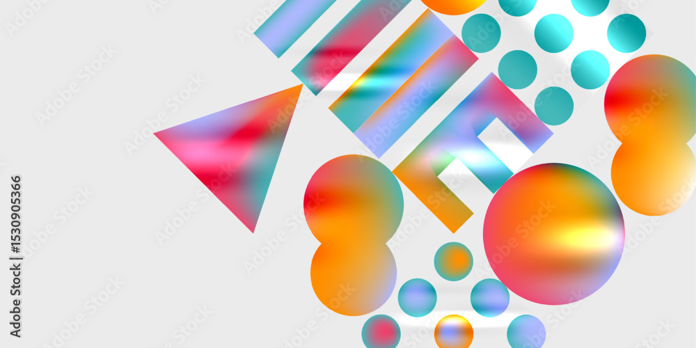 Poster Abstract composition featuring colorful geometric shapes. Spheres, rectangles, triangle overlap creating dynamic visual effect. Bright gradients present.