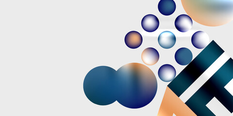 Abstract composition featuring circles, rectangles, gradients. Blue, orange hues dominate minimalist design. Modern aesthetic.