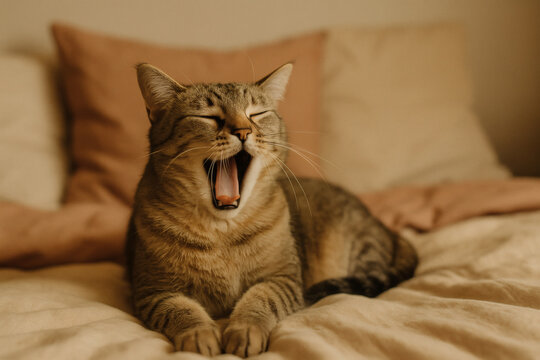 Sleepy tabby cat yawning on cozy bed with warm light and soft pillows
