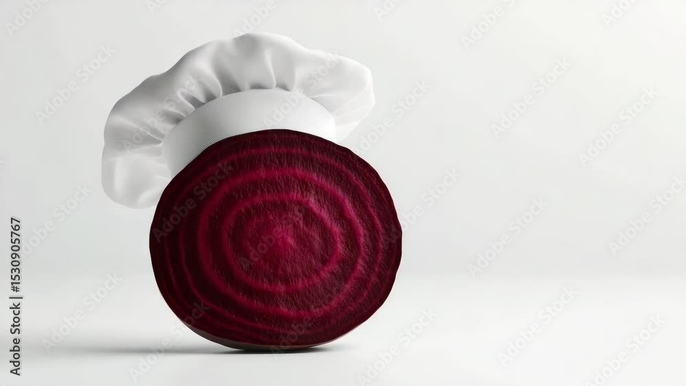 Poster creative slice of beet with chef's hat on white background