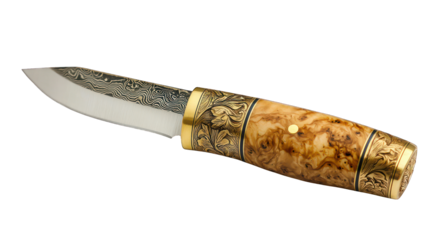Ornate knife with damascus steel and wood handle