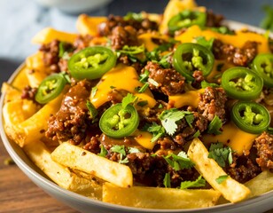 Loaded fries z wołowiną BBQ, jalapeño, serem cheddar i kolendrą