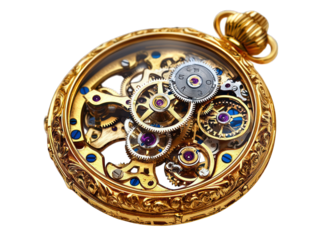 Ornate gold pocket watch revealing intricate clockwork mechanism