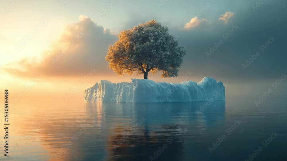 Poster solitary tree on floating iceberg at sunset with warm glow