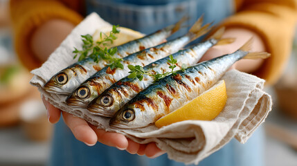 Freshly caught sardines arranged on a linen cloth, garnished with herbs and lemon slices, showcasing vibrant colors and textures for culinary presentation. Selective focus