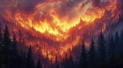 Fototapeta premium Wildfire consuming a forest, orange flames engulf trees, creating smoke. Illustrate dangers, consequences of climate change, or natural disasters.