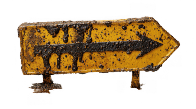 Dripping with mud, a dirty yellow metal right arrow sign points on a transparent background, showcasing a weathered and grungy texture that conveys direction and choice