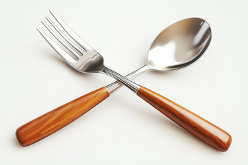 Isolated Crossed Silver Spoon and Fork with Wooden Handles on a White Surface