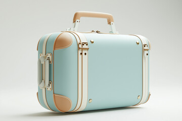 Light Blue Vintage Suitcase with Leather Accents and Cream Straps on White Backdrop