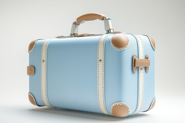 Light Blue Suitcase with Tan Leather Accents, Vintage Style Luggage for Travel