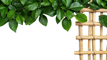 A tranquil natural scene featuring a dense arrangement of lush vibrant green leaves and foliage framed by a handcrafted wooden bamboo lattice structure creating a serene and eco friendly background