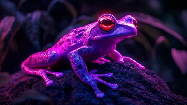Vibrant neon-colored frog illuminated with striking pink and purple hues