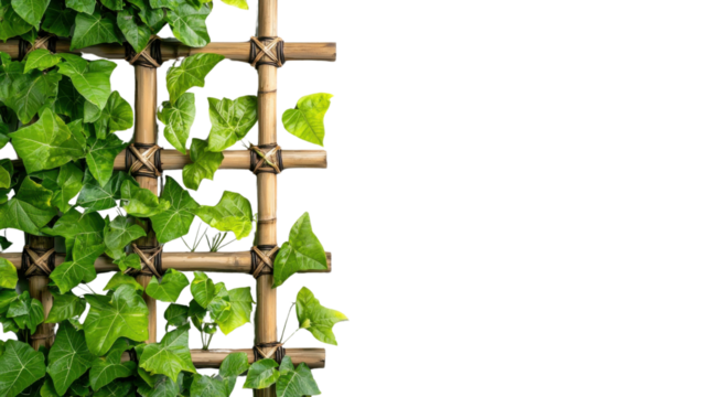 Verdant flourishing green ivy vines and leaves entwining and cascading up a wooden trellis structure against a plain white wall