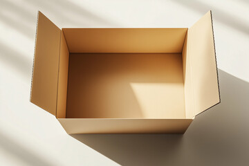 Open Cardboard Box with Shadow Play on White Background Packing and Shipping Material