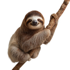 Naklejka premium A cute sloth hanging on a branch with a black background looking at the camera with a smile on its face