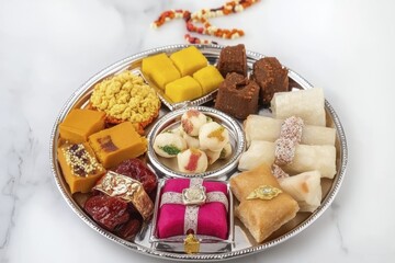 Assorted indian sweets on silver plate for festive celebration with marigold garland