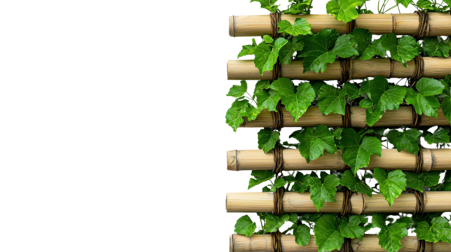 A serene and nature inspired vertical garden constructed with bamboo planters and abundant green foliage creating a harmonious and eco friendly wall decor for a minimalist interior space