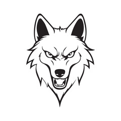 Naklejka premium Angry wolf head graphic in black and white. Aggressive stance with open mouth and intense eyes. Generic graphic element for commercial or editorial use.