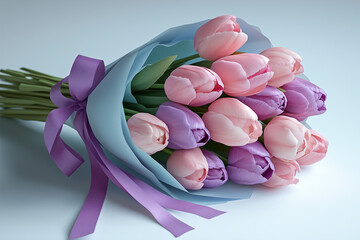 Pastel Pink and Purple Tulip Bouquet with Light Blue Wrap and Ribbon on a Light Background