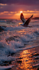 Seagull soaring above ocean waves at sunset, capturing the vibrant colors of the sky and water, creating a serene coastal atmosphere. Selective focus