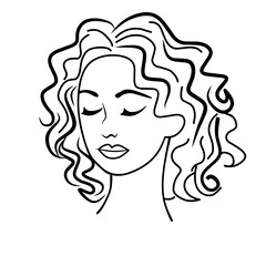 Linen sketch Illustration of a beautiful woman with curly hair. Template for beauty curly logo design.