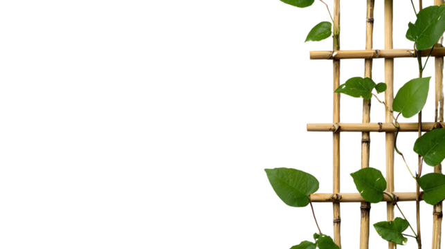 Lush green bamboo leaves arranged in a vertical frame like structure creating a natural and minimalist design against a clean white background