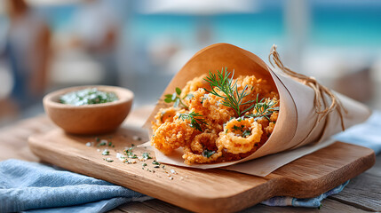 Crispy fried calamari served in a paper cone on a wooden board, garnished with fresh herbs and accompanied by a small bowl of green sauce. Selective focus