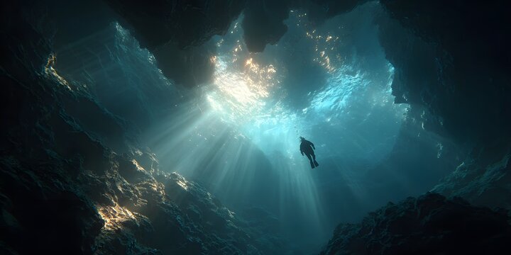 Lone scuba diver's silhouette explores a deep-sea canyon. Volumetric sunbeams pierce the dark blue water, framed by immense rock walls.