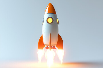 Retro White and Orange Rocket Launching Upwards with Bright Flames on a Light Blue Backdrop