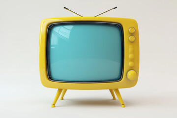 Retro Yellow Television Set With Antenna and Blue Screen, Placed on a White Background