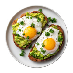 Two avocado toasts topped with fried eggs and parsley on a white plate presented from above