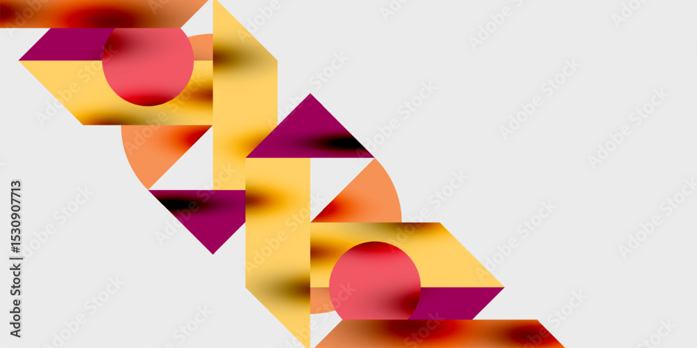 Poster Abstract geometric shapes overlap, creating vibrant color gradients. Composition features triangles, circles, warm tones against dark background.
