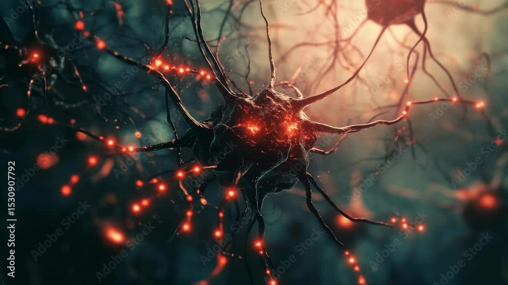 Poster Close-up of neuron with glowing connections in a dark neural network