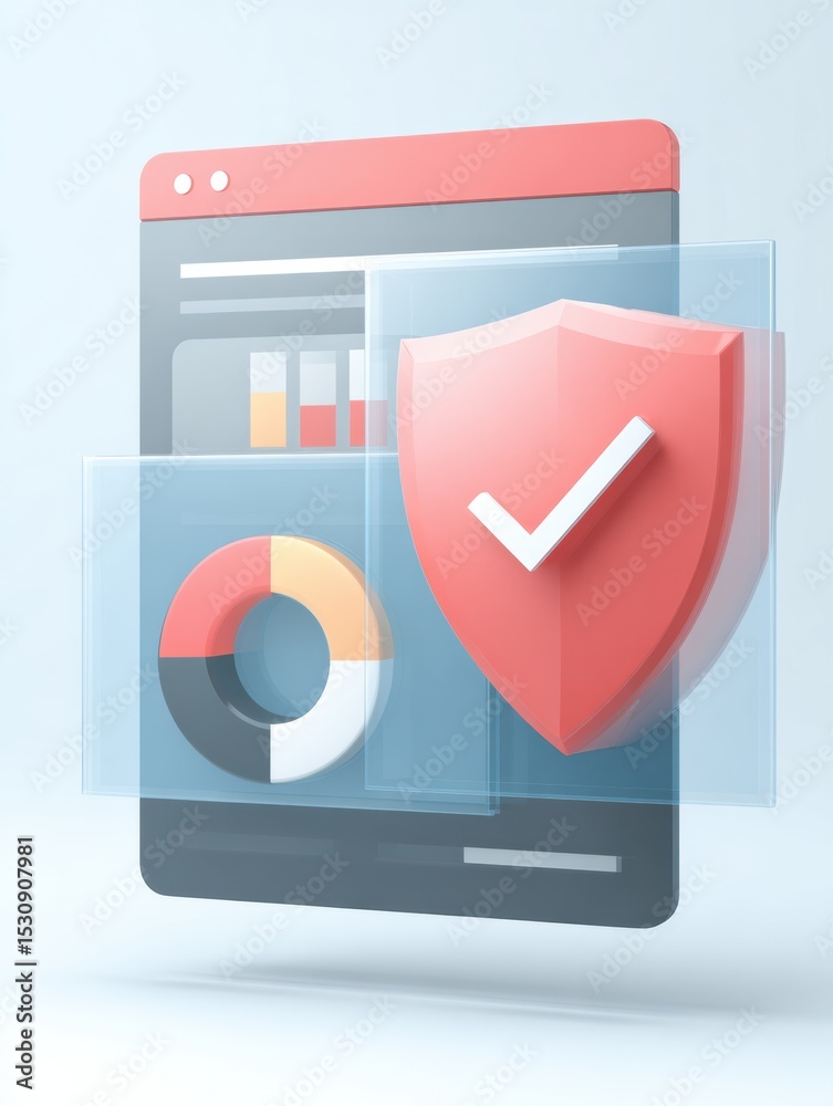 Poster Security Warning Popup Displays on a Transparent Digital Dashboard With Analytical Charts and Protection Shield