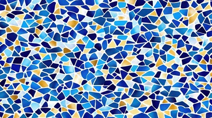 Abstract pattern of blue and gold mosaic tiles.