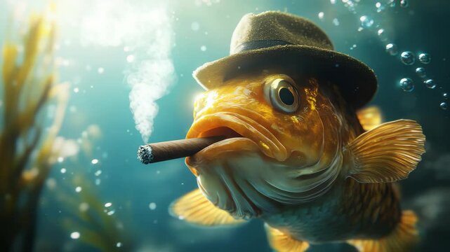 Goldfish wearing a fedora and smoking a cigar in a whimsical underwater scene