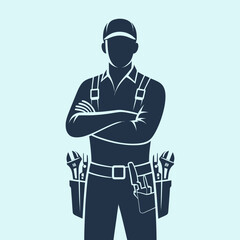 Silhouette of a construction worker with tools. Vector illustration.
