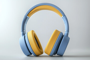 Stylish Blue and Yellow OverEar Headphones on a Light Gray Background, Modern Design