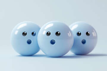 Three Blue Sphere Characters with Surprised Expressions on a Pale Blue Background