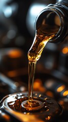 Close-up of pouring amber liquid from a bottle. Suitable for materials about drinks and cooking.
