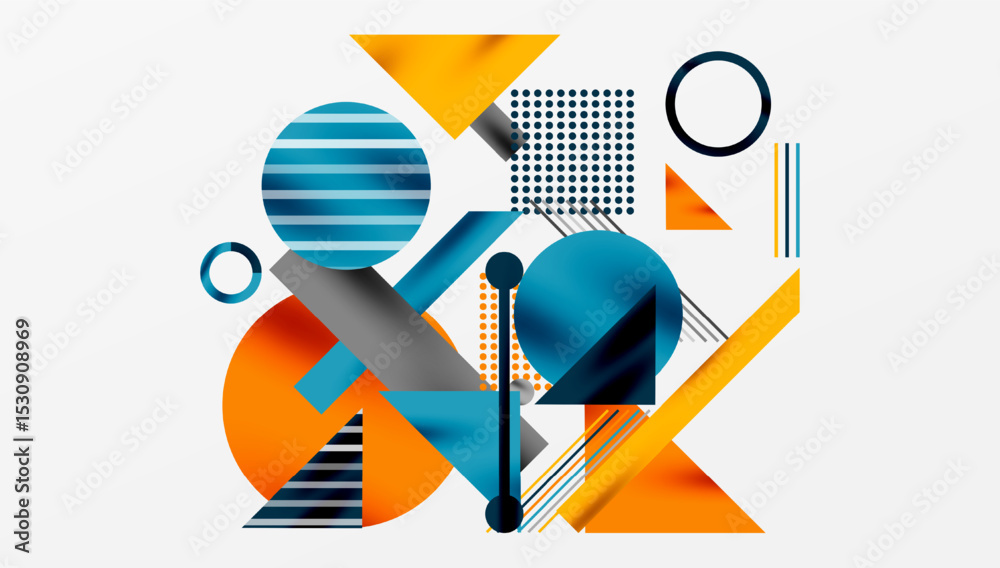 Leinwandbilder Abstract geometric composition. Shapes overlap, creating dynamic visual interest. Colors include blue, orange, gray. Modern design elements present.