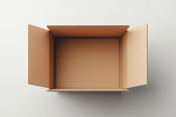 TopDown View of Open, Empty Brown Cardboard Box on Light Gray Background Surface